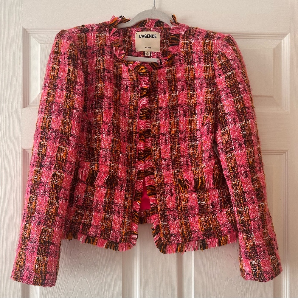 L'Agence 'Angelina' Tweed Raw-Trim Open-Front Blazer Jacket, Fuchsia Pink/Orange - Picture 5 of 9